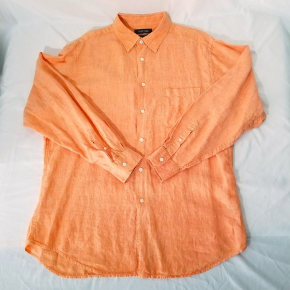 Murano European Fabric Mens XL Linen Long Sleeve Orange Peach Button-Up Shirt - Picture 1 of 12